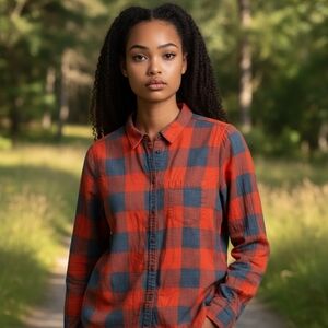 J. Crew Orange and Navy Plaid Shirt